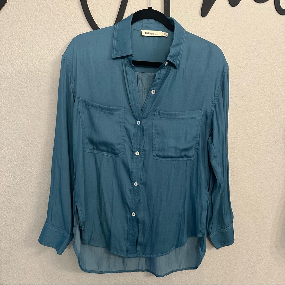 Millibon Teal, Small, Button Down Collared Long S… - image 1